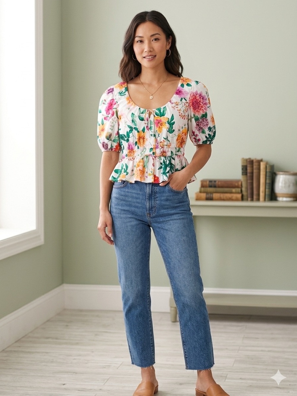 Joie White Floral Peplum Top with Pink, Yellow & Green Accents